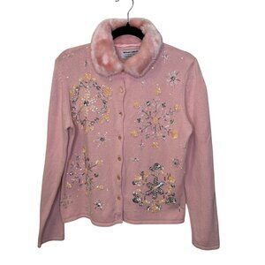 Heirloom Collectibles Christmas Sweater Pink Beaded Snowflake Faux Fur Collar M